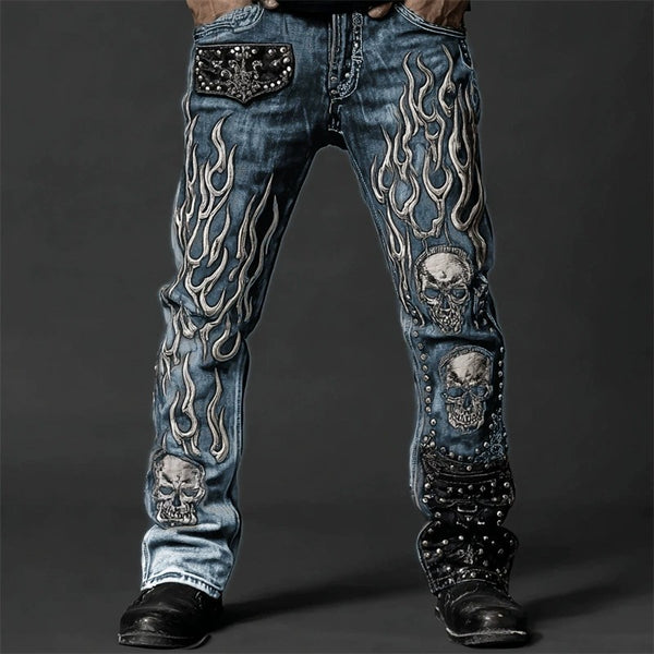 Mens 3D Print Skull Design Slim Fit Pants