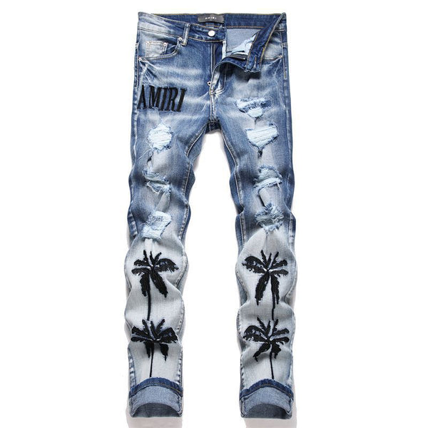 Embroidered Ripped Slim Fit Jeans