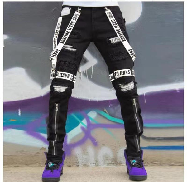Men's Fashion Patch Webbing Slim Fit Jeans