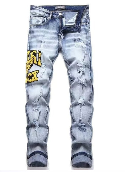 Slim Fit Embroidered Patch Denim Pants for Men