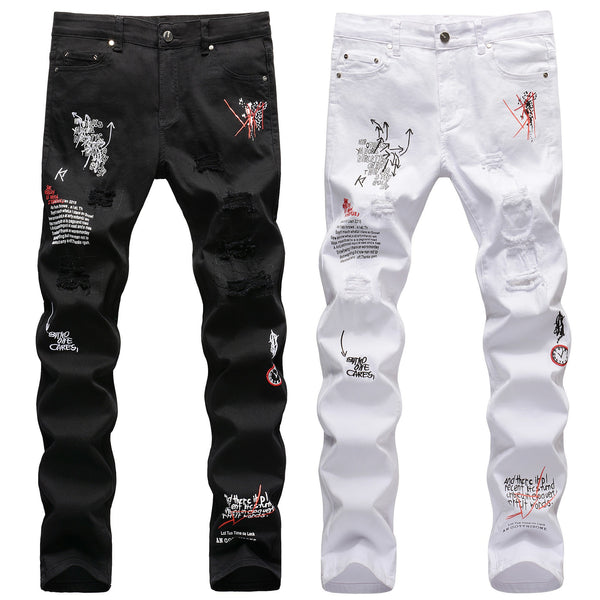 Slim-fit Ripped Embroidery Denim Jeans