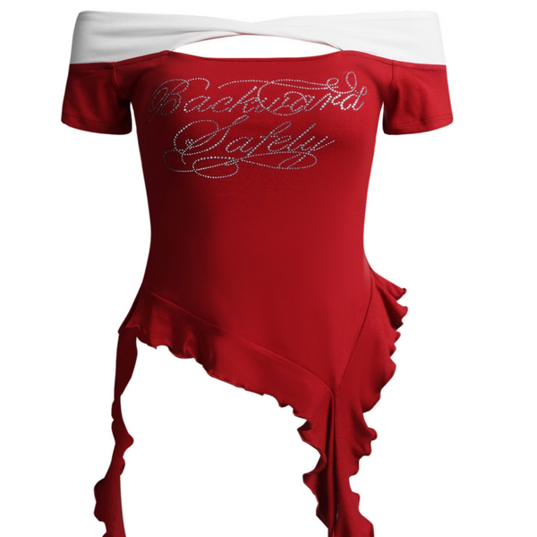 Embroidered Off-Shoulder Ribbon Shirt