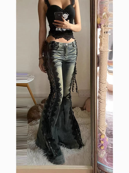 Womens Flared Denim Pants with Lace