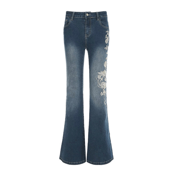 Rose Embroidered Denim Bootcut Jeans