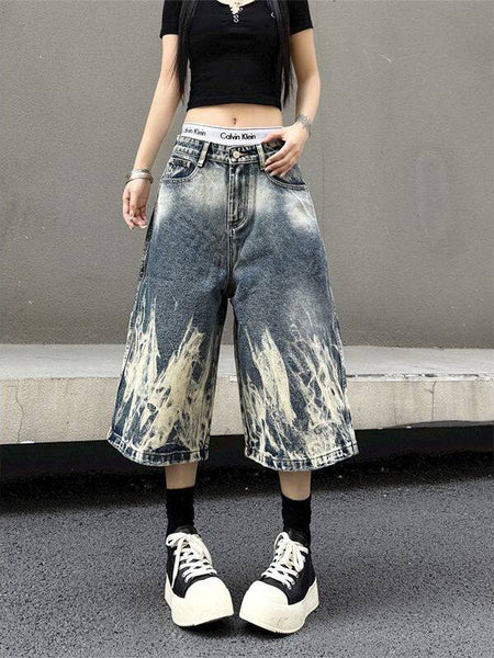 American Retro Washed Tie-Dye Denim Shorts for Men