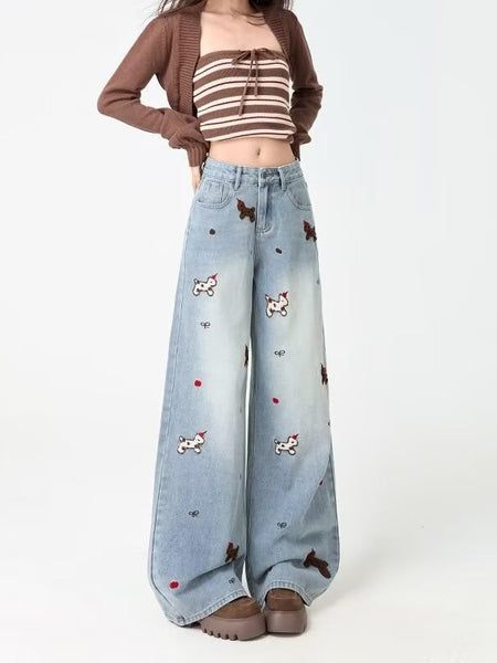 Embroidered Wide-Leg Denim Jeans