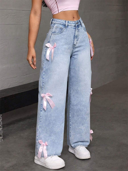 Bow-Accented Washed Jeans