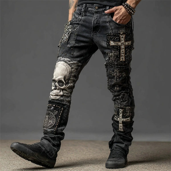Mens 3D Print Skull Design Slim Fit Pants