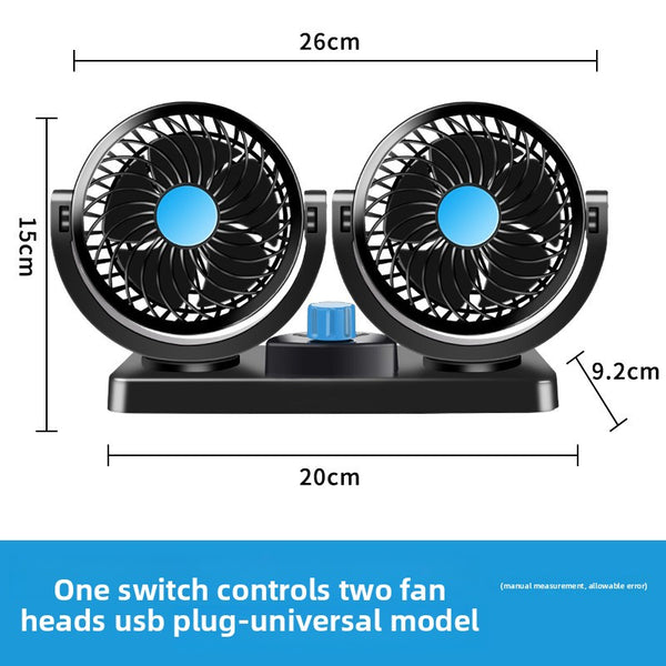 Dual Head Car Fan with USB and Cigarette Lighter Plug