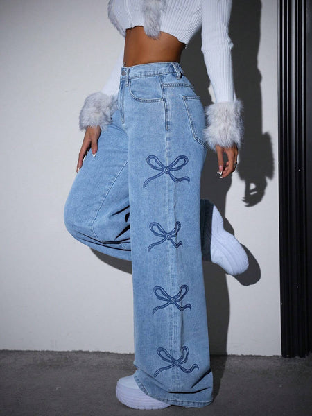 Bow Print Wide Leg Jeans