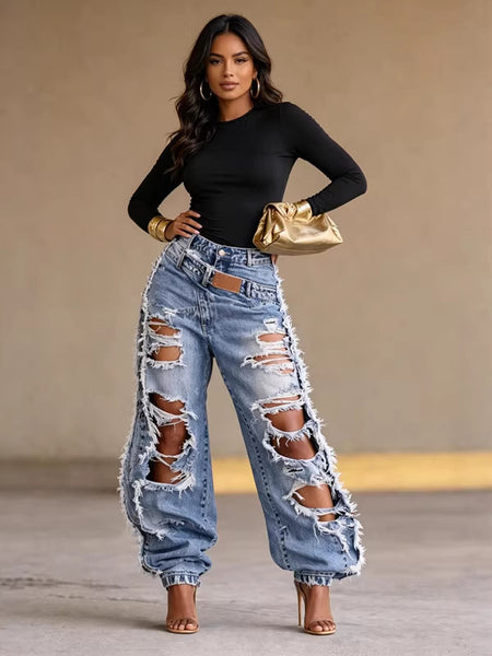 High-Waisted Ripped Denim Wide-Leg Pants