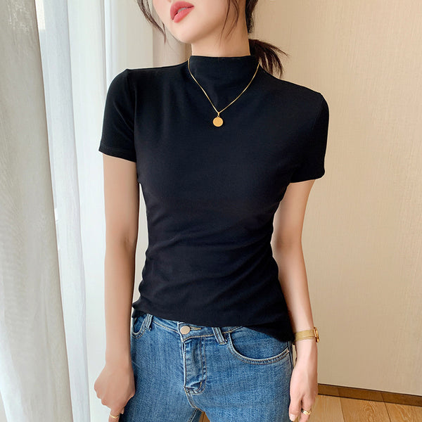 Half Turtleneck Short-Sleeve Cotton Shirt
