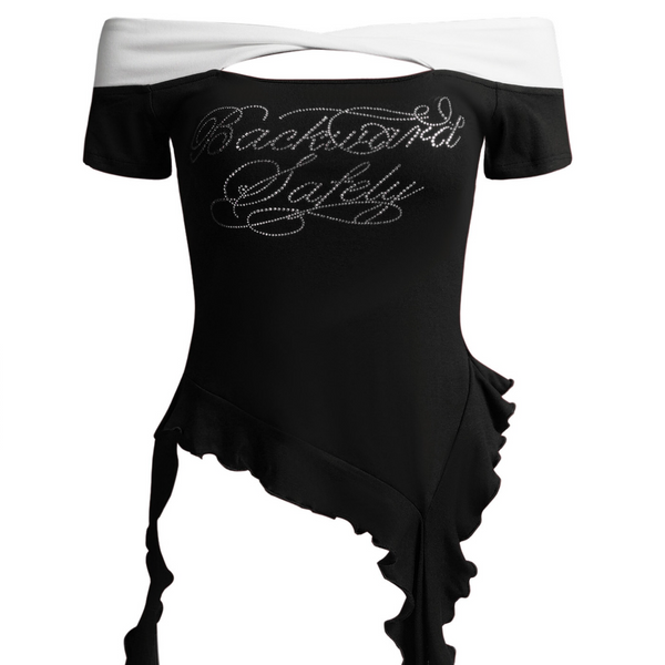 Embroidered Off-Shoulder Ribbon Shirt