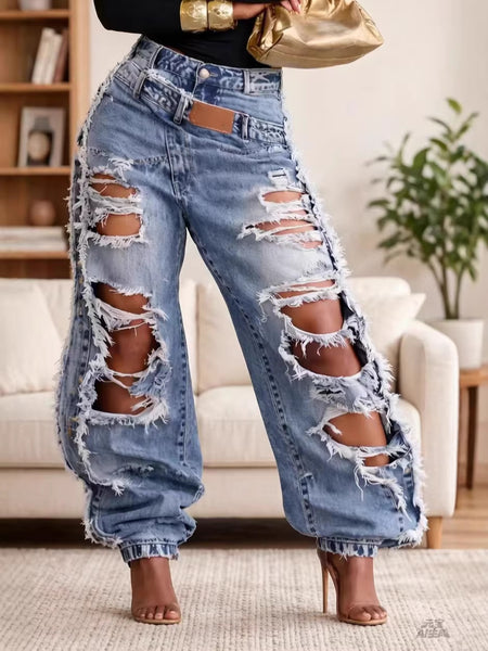 High-Waisted Ripped Denim Wide-Leg Pants