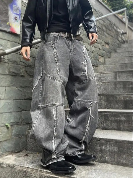 American Retro Washed Distressed Jeans Loose Straight Pants