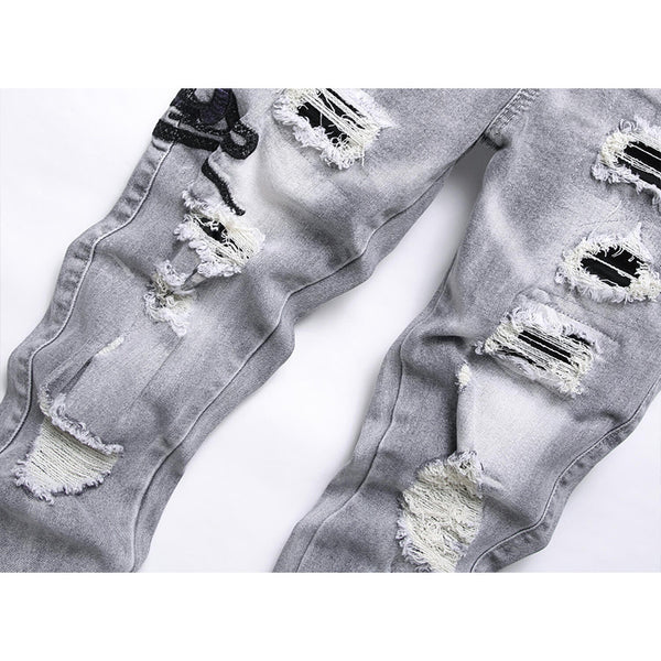 Mens Stretch Ripped Embroidered Jeans