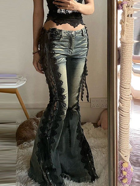 Womens Flared Denim Pants with Lace