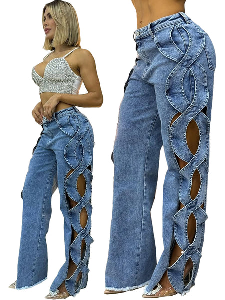 Side Hollow Denim Patchwork Jeans