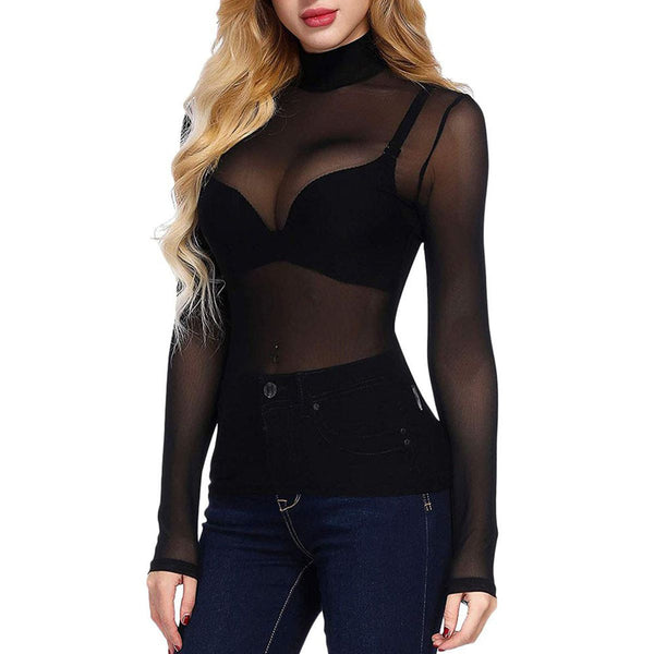 Black Sheer Long-Sleeve Tops