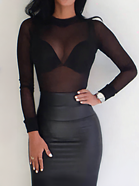 Black Sheer Long-Sleeve Tops