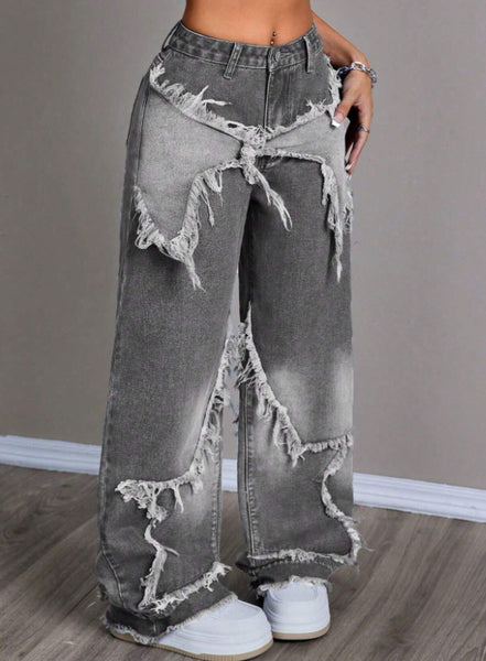 Star Patchwork Denim Wide Leg Jeans
