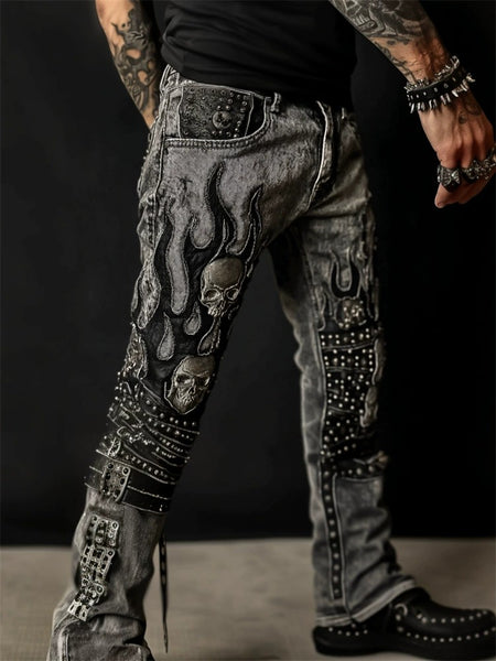 Mens 3D Print Skull Design Slim Fit Pants