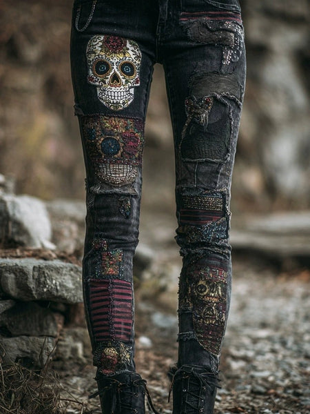 Mens 3D Print Skull Design Slim Fit Pants