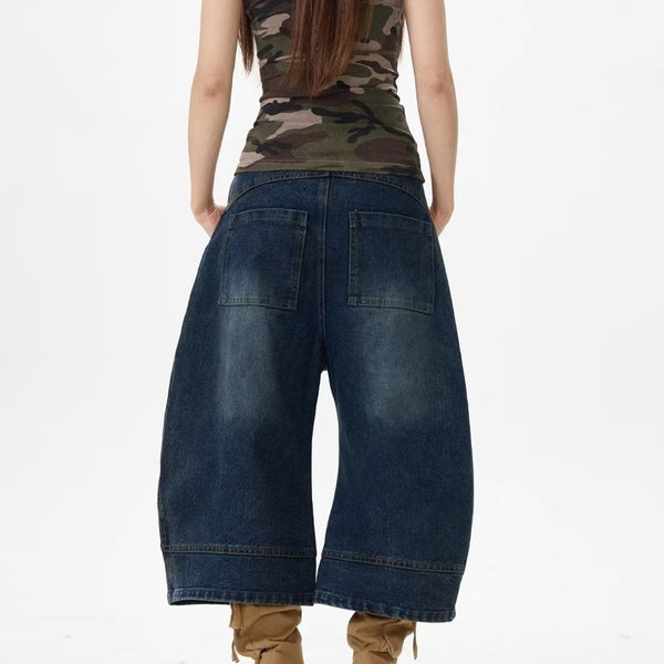 Vintage Washed Distressed Denim Wide Leg Pants