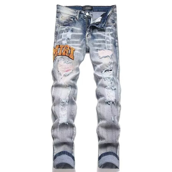 Slim Fit Embroidered Patch Denim Pants for Men