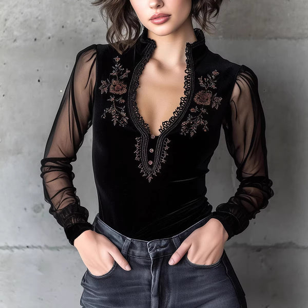 Embroidered Top with Sheer Sleeves