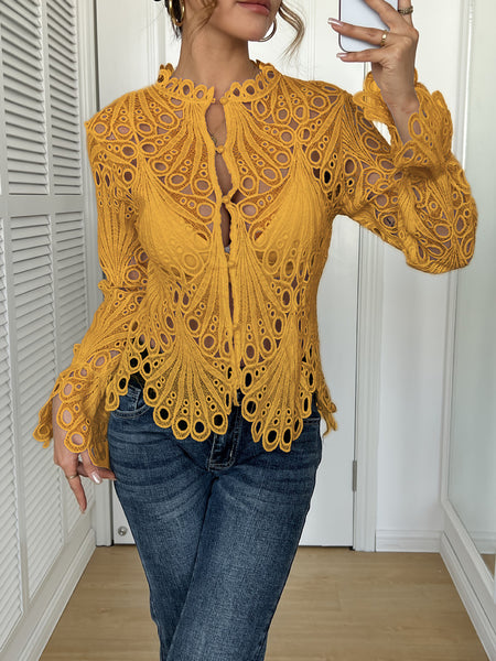 Hollowed-Out Lace Bell Sleeve Shirts