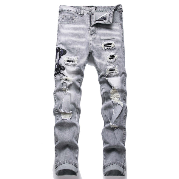 Mens Stretch Ripped Embroidered Jeans