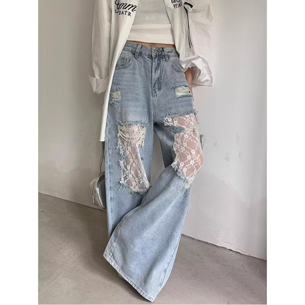 Ripped Denim Wide Leg Jeans