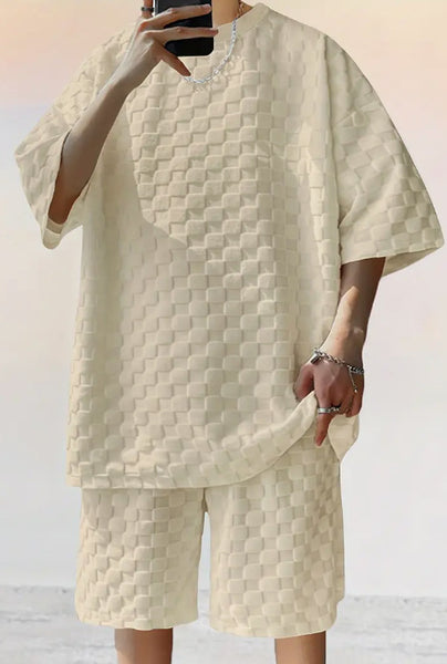 Men's Jacquard Plaid Casual T-Shirt and Shorts Set