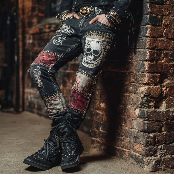 Mens 3D Print Skull Design Slim Fit Pants