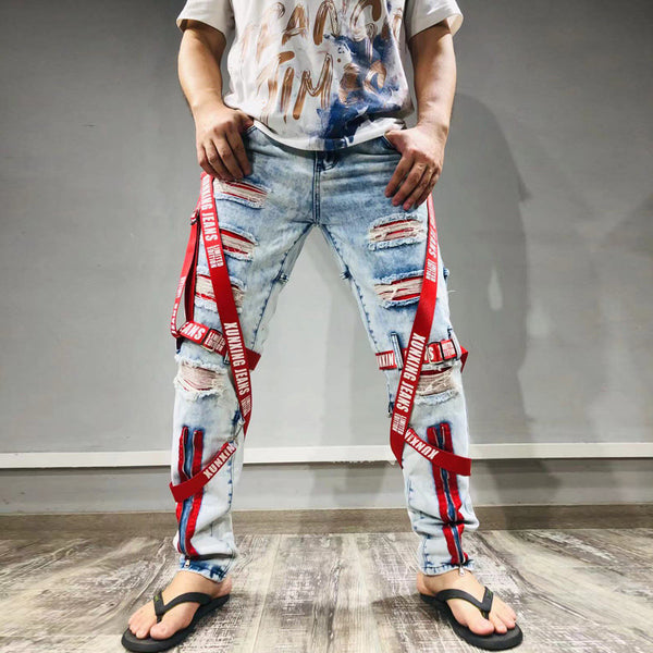 Men's Fashion Patch Webbing Slim Fit Jeans