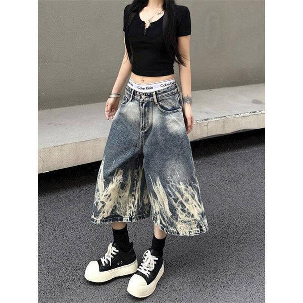 American Retro Washed Tie-Dye Denim Shorts for Men