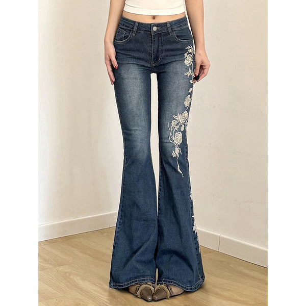 Rose Embroidered Denim Bootcut Jeans