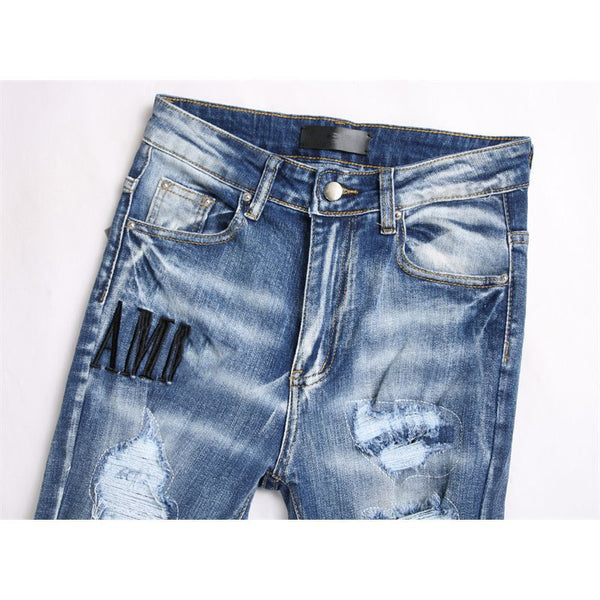 Embroidered Ripped Slim Fit Jeans