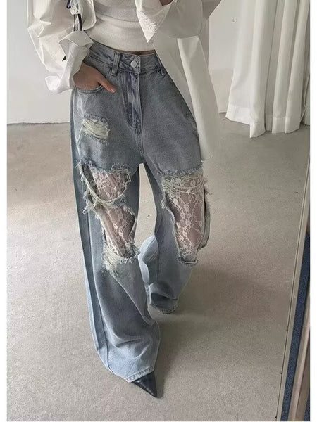 Ripped Denim Wide Leg Jeans
