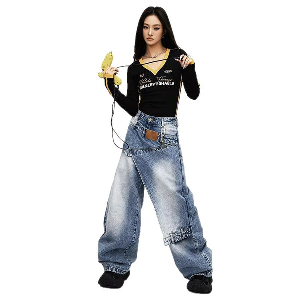 Patchwork Wide Leg Denim Pants
