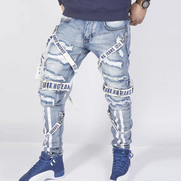 Men's Fashion Patch Webbing Slim Fit Jeans