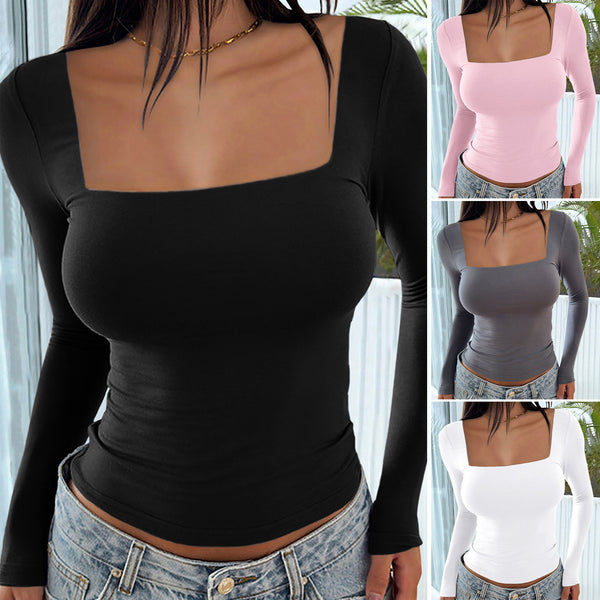 Square Neckline Long-Sleeved Shirts