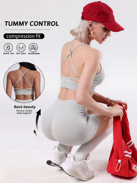 Cross Back Yoga Set with Tummy Control Shorts