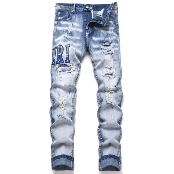 Slim Fit Embroidered Patch Denim Pants for Men
