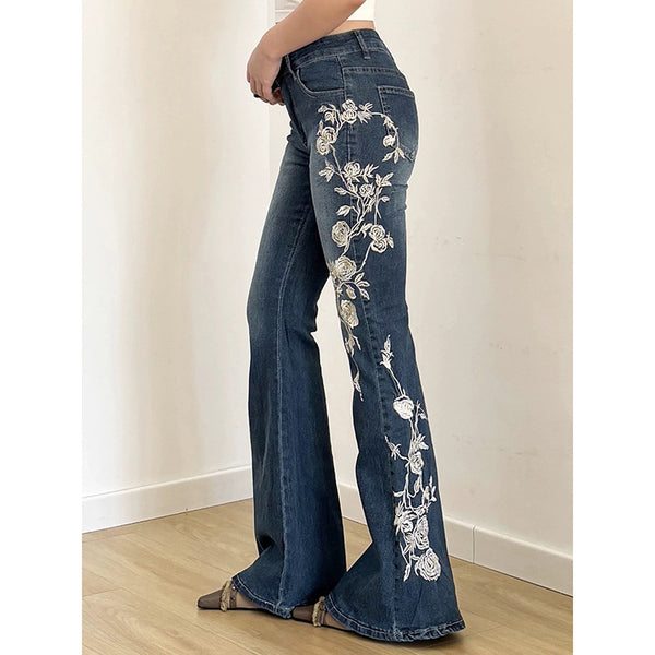 Rose Embroidered Denim Bootcut Jeans