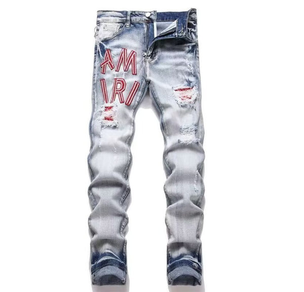 Slim Fit Embroidered Patch Denim Pants for Men