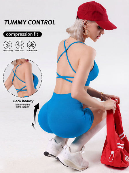Cross Back Yoga Set with Tummy Control Shorts