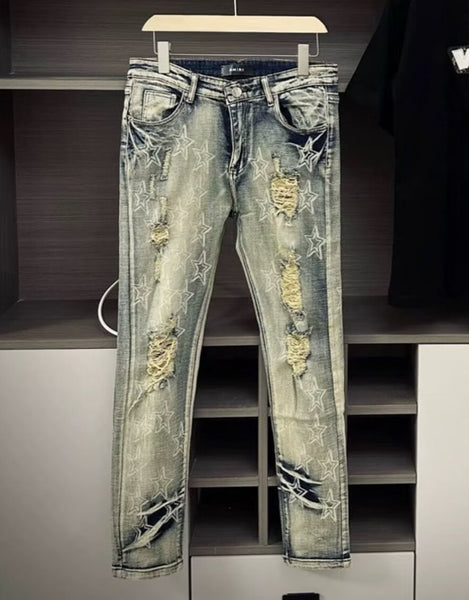 Slim Fit Embroidered Patch Denim Pants for Men