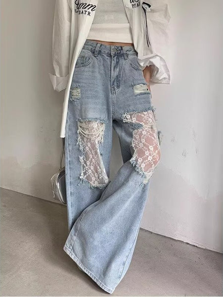 Ripped Denim Wide Leg Jeans